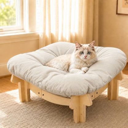 Elevated Cat Bed, Wooden Pet Sofa with Washable Cushion (Square / Beige)