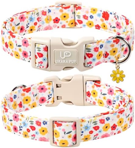 Floral Dog Collar, UP URARA PUP Colorful Floral Adjustable Pet Collar with Flower Charm, Spring Daily Dog Accessories for Small Medium Large Dogs