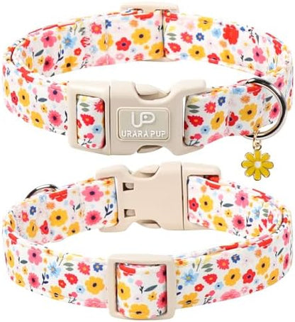Floral Dog Collar, UP URARA PUP Colorful Floral Adjustable Pet Collar with Flower Charm, Spring Daily Dog Accessories for Small Medium Large Dogs
