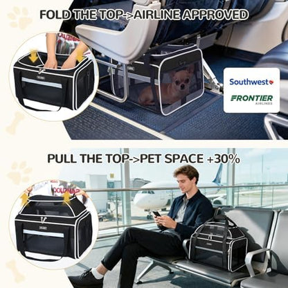 Lekereise Top-Expandable Pet Carrier 18x13x9.5 Inch Southwest Frontier Airline Approved Soft Sided Underseat to 15lbs Travel Carriers for Small Cats Dogs with Locking Safety Zippers Anti-Scratch Mesh