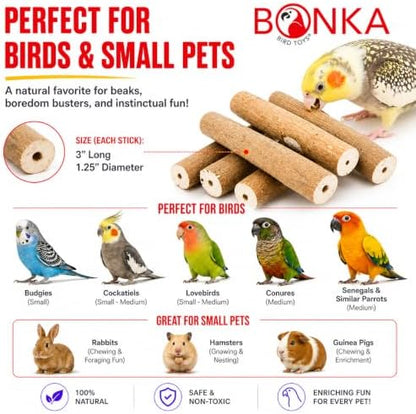 Bonka Bird Toys 1211 Pk6 Natural Bark Sola Sticks, 6-Pack, 3" Long, 1.25" Diameter, Soft Chew and Foraging Toy for Birds, Parrots, Parakeets, Cockatiels, Lightweight, Natural, Safe, Eco-Friendly
