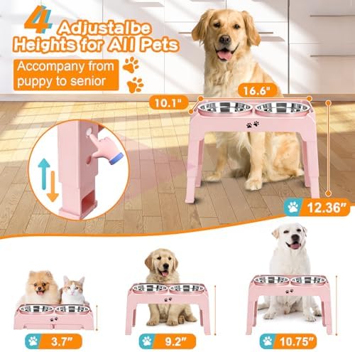 COMESOON Elevated Dog Bowls, 4 Height Adjustable Raised Bowl Stand with 2 Thick 50oz Stainless Steel Food Bowls Non-Slip Feeder Adjusts to 3.7'', 9.2'', 10.75'', 12.36'' Pink