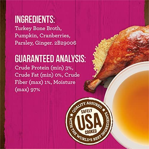 Merrick Grain Free Bone Broth, Premium Human Grade and Gluten Free Dog and Cat Food Topper Pouches, Turkey - 16 oz. Pouch (Pack of 3)