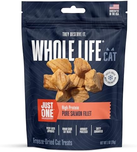 Whole Life Cat Just One Salmon Freeze Dried Cat Treats - Human Grade High Protein Food, Healthy Training Snacks, Freeze Dried Salmon Food Toppers, USA Made Natural Treats - 1 oz (Pack of 1)