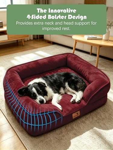 Spotted Play Orthopedic Dog Bed with Sides - Sofa Beds for Large Dogs, Supportive Foam Pet Couch Bed with Washable Removable Cover, Waterproof Lining and Non-Slip Bottom, Burgundy - L