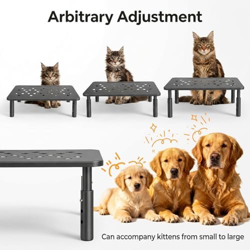 Raised Automatic Cat Feeder Stand for Double Bowl Feeders, Carbon Steel 14.57 x 9.25 in, 3 Adjustable Heights 3.94-5.5 in, Non-Slip, Fits Feeders & Water Dispensers, No-Drill (Black)