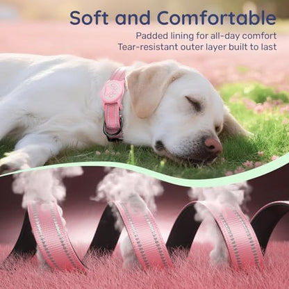 Premium Airtag Dog Collar，with IP68 Waterproof AirTag Holder,Pink,M