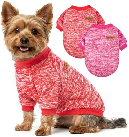 2 Pack Dog Sweaters for Small Dogs Girl Boy Winter Fleece Clothes Warm Soft Dog Sweatshirt Outfit for Dogs Cats Pet Apparel (Rose+Red, XS (Back: 9.8",Chest: 13.7", 3.5-5.5lbs))