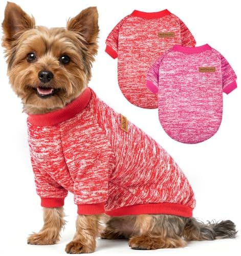 2 Pack Dog Sweaters for Small Dogs Girl Boy Winter Fleece Clothes Warm Soft Dog Sweatshirt Outfit for Dogs Cats Pet Apparel (Red+Rose Red, S (Back: 11.8",Chest: 15.7", 5.5-10Ibs))