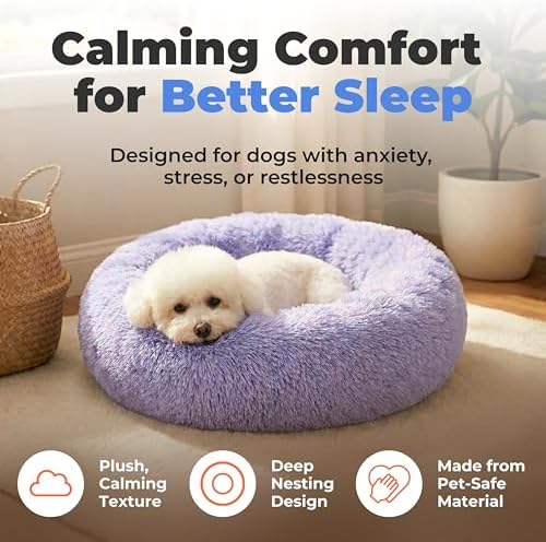 Best Pet Supplies Round Calming Dog Bed for Small, Medium & Large Dogs, Plush Donut Cuddler Pet Bed w/Raised Rim for Head, Neck Support, Anti-Slip Bottom Washable Bed - Lavender, 27 x 27 x 7.5