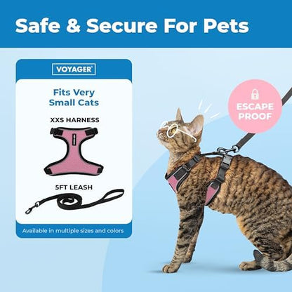 Voyager Escape-Proof Step-in Lock Cat Harness & 5ft Neoprene-Handle Leash Set All-Weather Mesh with Reflective Stitching for Small to Large Cats by Best Pet Supplies, Black Trim-Pink (327), XXS