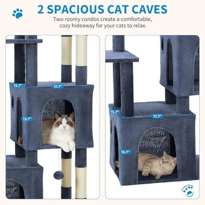 Takywep Blue 61" Heavy Duty Cat Tree, Multi-Level Sturdy Cat Tower,2 Spacious Cat Condos Natural Sisal Scratching Posts & Interactive Toys