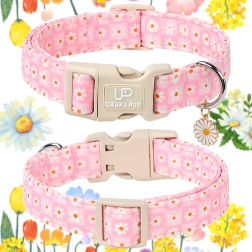 Pet Collar-Summer Daisy Dog Collars-Pink Grid Puppy Collar-Adjustable, Sturdy & Cute Girl Boy Dog Collars for Outdoor Fun