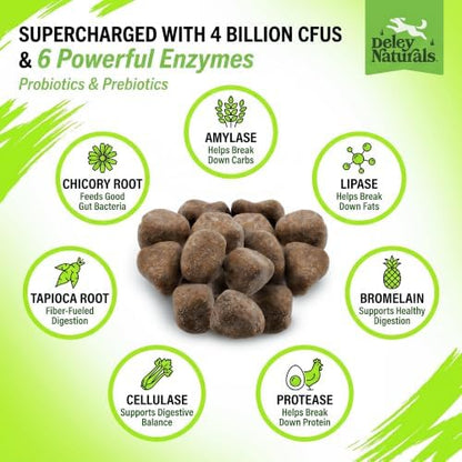 Deley Naturals Dog Probiotics Chews - 4 Billion CFU Dog Probiotics, Prebiotics, Enzymes for Digestion & Gut Health - Smaller Soft Chews, Lower Calories, Same Active Ingredients - USA Made - 60 Count