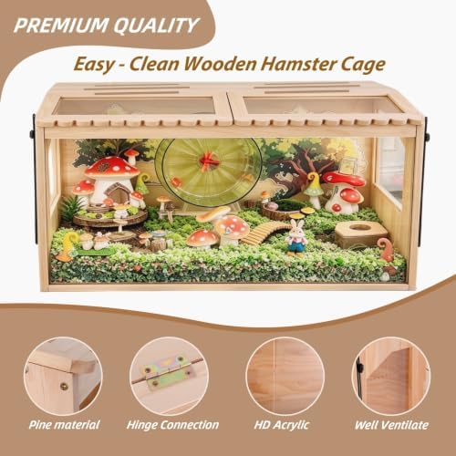 Wooden Hamster Cage,32"x16"x15"Large Hamster Cage,2 Washable Liners & 2 Adjustable Ventilation Window. Small Animal Cage for Dwarf Syrian Hamsters Degus Mice & Other Small Pets.