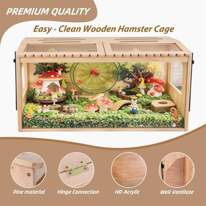 Wooden Hamster Cage,32"x16"x15"Large Hamster Cage,2 Washable Liners & 2 Adjustable Ventilation Window. Small Animal Cage for Dwarf Syrian Hamsters Degus Mice & Other Small Pets.