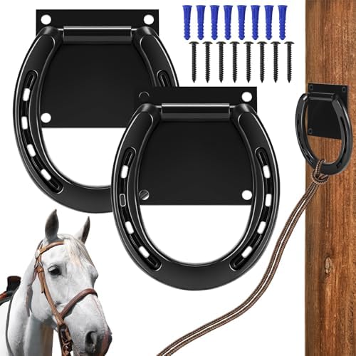 Zhengmy 2 Set Tie Ring for Horses, Heavy-Duty Solid Steel, with Expansion Screws, 3 x 3 Inch, Horseshoe Cross Ties Down, Tack Barn Stable Supplies for Horse, Black