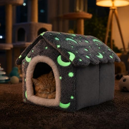 PAWISE Glow in the Dark Cat Bed, Foldable Cat Cave House Tent for Indoor Cats with Stars Moon Print, Soft Warm Washable Kitty Hideaway Nest, Cozy Pet Hut (15.7"x14.5"x13.5")