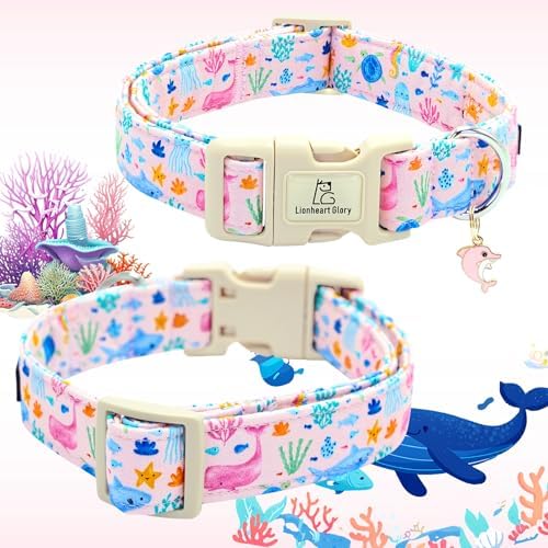 Lionheart glory Dog Collar Sea Animals Print Pink Dog Collars Male or Female Spring Summer Cute Collar Pet Gift Durable Adjustable Dog Collar for Small Dogs