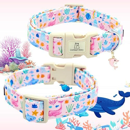 Lionheart glory Dog Collar Sea Animals Print Pink Dog Collars Male or Female Spring Summer Cute Collar Pet Gift Durable Adjustable Dog Collar for Small Dogs