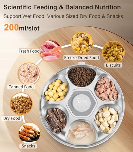 Casfuy Automatic Cat Feeder Cordless - Automatic Cat Food Dispenser with Stainless Steel Tray for Wet Food Rechargeable Auto Feeder for Cats Small Dogs with Programmable Timer Low Battery Indicator