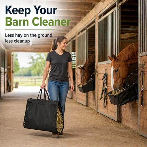 Hay Handler Bags Black Large Hay Feeder Flake Carrier for Horses Heavy Duty Nylon Holds 2 to 3 Flake Reinforced Handles Barn Stable Pasture Feeding Goats Livestock for Stable Feeding Farm