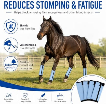 Fly Boots for Horses Set of 4 - Breathable Mesh Equine Leg Protection,Anti-Sag Stay-On Horse Fly Boots,Reduces Stomping & Fatigue,UV-Block, Adjustable Fit for Medium to Large Horses