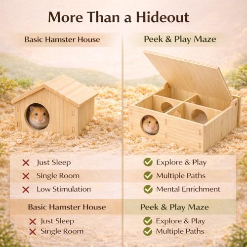 Hamster and Mouse Wooden Tunnel Cage Secret Peep Shed and Explore Hideout Flip Cover Design Hamster Play Tunnel