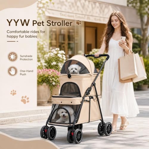 YYW Double Pet Stroller Foldable 2 Carriages Lockable Wheels Khaki