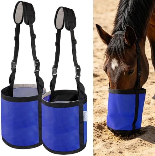 Horse Feed Bag for Grain, Breathable Muzzle Feed Bags for Horses, Universal Mesh Feedbag for Feeding Grain, Anti-Spill Design Feeder, Durable Nose Bag with Solid Bottom (Blue)