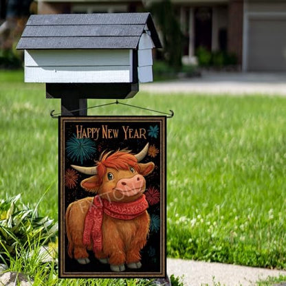Happy New Year Garden Flag 12x18 Double Sided Vertical Linen Small Fireworks Highland Cow House Flag Welcome Holiday Winter House Outdoor Outside Decorations (27165)