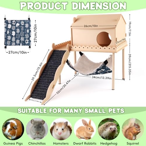 Kalolary Guinea Pig Hideout Wooden Guinea Pig Castle with Stair Hammock Mat