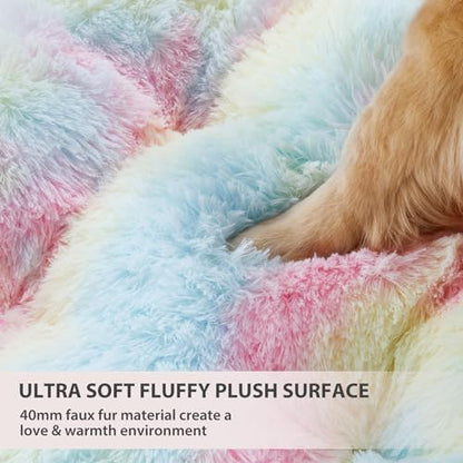BFPETHOME Dog Beds for Large Dogs, Plush Dog Crate Bed Fluffy Cozy Kennel Pad for Sleeping &Ease Anxiety, Washable Pet Mats with Anti-Slip Bottom for Large Dogs, Rainbow