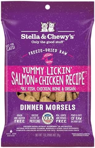 Stella & Chewy's Freeze-Dried Raw Cat Dinner Morsels - Premium Salmon & Chicken Recipe with 98% Wild-Caught & Cage-Free Protein - Natural Grain-Free Cat & Kitten Food - Made in USA - 1 oz (Pack of 12)