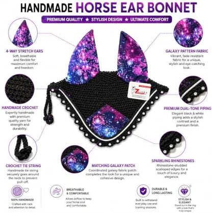 Horse Ear Bonnet for Horses, Floral Print Fly Bonnet with Crystal Edge, Handmade Crochet Fly Veil, Breathable Stretch Ears (Galaxy Print, Pony)