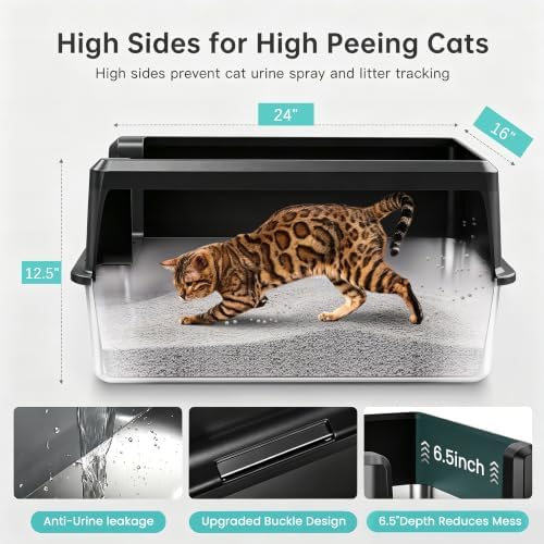 WoofiGo XL Stainless Steel Litter Box, High Sided Litter Pan for Big Cats