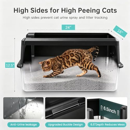 WoofiGo XL Stainless Steel Litter Box, High Sided Litter Pan for Big Cats