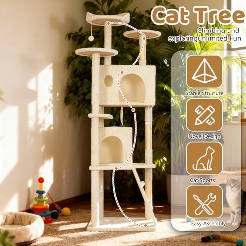 BestOffice 81 Inch Cat Tree, Multi-Level Cat Tower with Condo, Perches, Sisal Scratching Posts, Climbing Ladder,Indoor Activity Center Play House for Kittens & Adult Cats, Beige