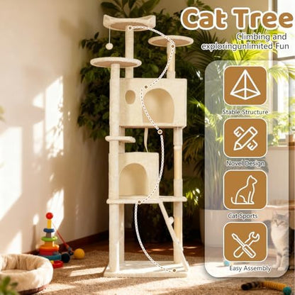 BestOffice 81 Inch Cat Tree, Multi-Level Cat Tower with Condo, Perches, Sisal Scratching Posts, Climbing Ladder,Indoor Activity Center Play House for Kittens & Adult Cats, Beige