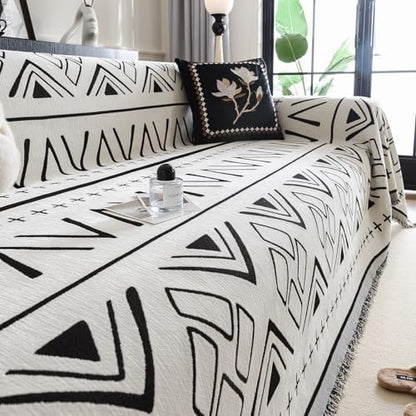 AMWAN Beige Couch Cover with Black Boho Geometric Pattern Universal Chenille Couch Cover Soft Durable Sofa-Bed Chenille Slipcover for Dogs Cats with Tassel 71"x150"