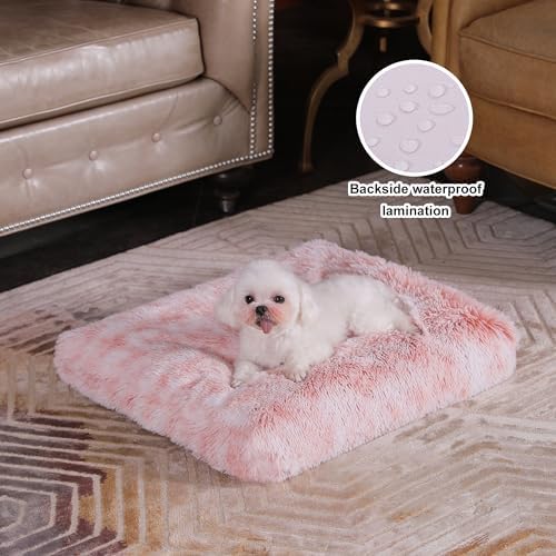 Bedfolks Plush Waterproof Dog Crate Bed, Removable Washable Cover, Faux Fur for Small Dogs & Cats, 23"x18", Pink