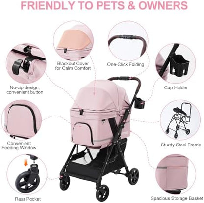 Dog Stroller with No-Zip Buckle Canopy, fits 2 Small Cats or 1 Medium pet,44 lbs Capacity One-Hand Fold,Lockable Front Wheels, Rear Brake