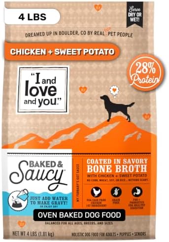 I and Love and You Baked and Saucy Dry Dog Food - Chicken + Sweet Potato - Prebiotic + Probiotic, Real Meat, Grain Free, No Fillers, 4lb Bag