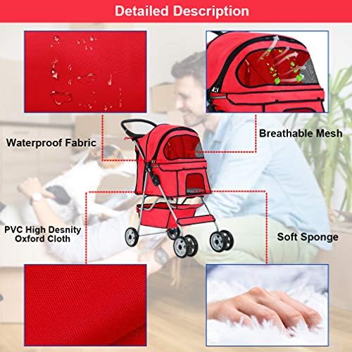 BestPet | 4-Wheel Foldable Pet Stroller | Red | Lightweight & Portable