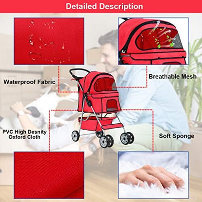 BestPet | 4-Wheel Foldable Pet Stroller | Red | Lightweight & Portable