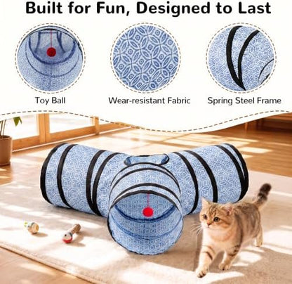 Tempcore 3 Way Collapsible Cat Tunnel for Indoor Cats, Pet Tunnel Bored Toys with Peek Hole & Ball for Puppy, Kitty, Kitten, Rabbit