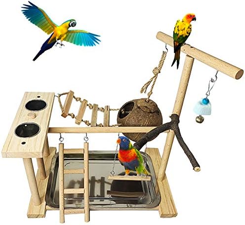 Hamiledyi Parrot Playground Bird Play Stand Natural Wood Parrot Perch Gym with Feeder Cups Cockatiel Nest with Ladder Lovebirds Cage Accessories Toy Exercise Activity Center for Cockatiel Lovebirds