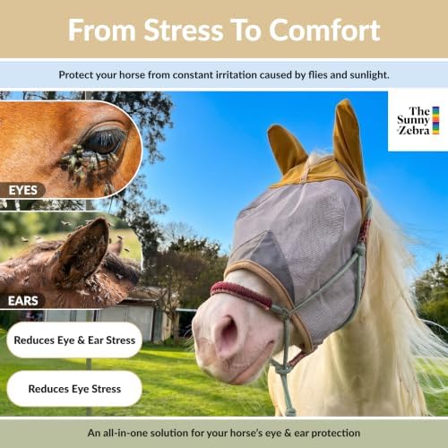 TSZ Horse Fly Mask with Ears Cover - UV Block 70% Breathable Mesh Flymask