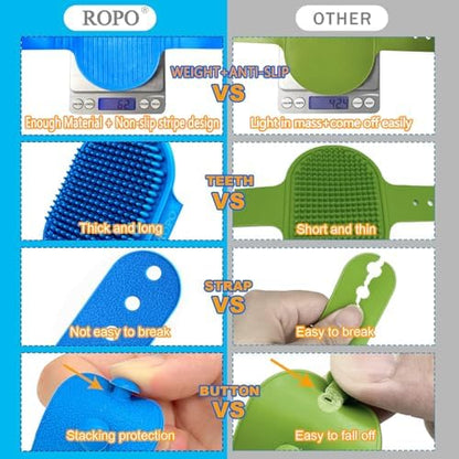 ROPO Dog Bath Brush, Dog Shampoo Brush With Adjustable Ring Handle Long Bristles, Upgraded Version Anti-Slip Back & Strap, Pet Grooming Brush for Dogs & Cats 2pcs