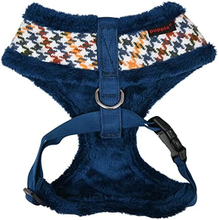 Puppia Kent Dog Harness Over-The-Head Warm Winter Houndstooth Pattern Adjustable Chest for Small and Medium Dog, Blue, Small